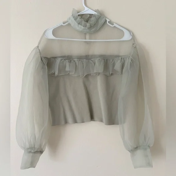 Zara Organza Sheer Ruffle Knit Top in Sea Foam Green Blogger Favorite Size Small - Picture 9 of 16